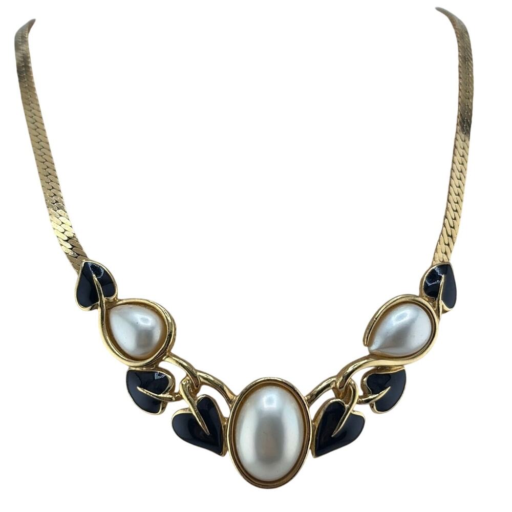 Vintage Crown Trifari Faux Pearl and Enamel Leaf Necklace